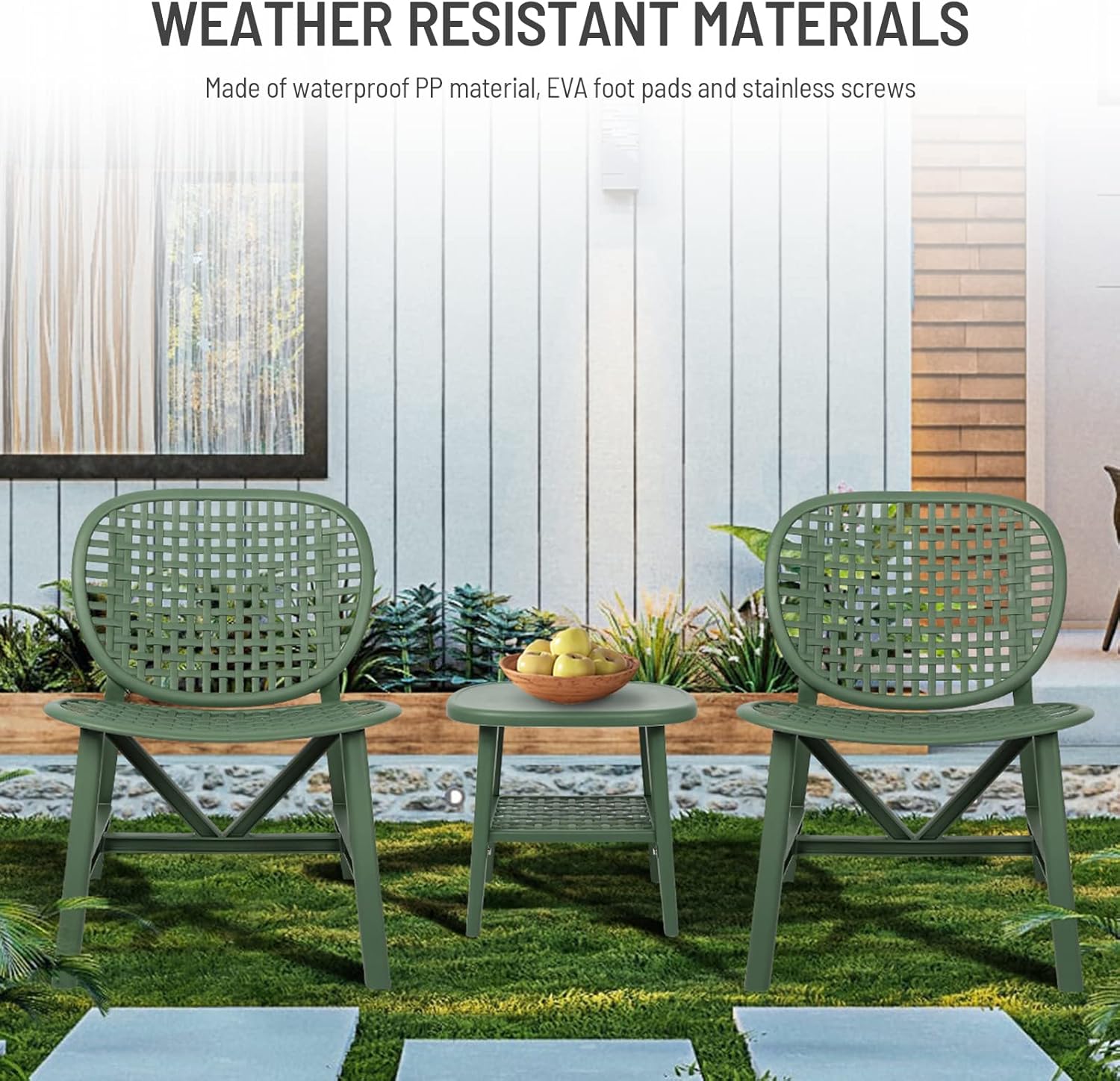 XIDAI All-Weather Retro Patio Bistro Set: 3-Piece Hollow Design Conversation Ensemble with Lounge Chairs and Open Shelf – Ideal for Balcony, Garden, or Yard Décor in Classic White