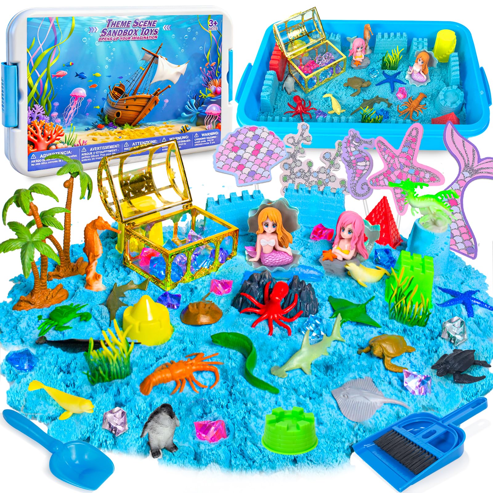 Tcvents Sensory Bins, Ocean Sensory Bin Sandbox with Lid for Kids Ages 3 4 5 6 7 8 with 2.2lbs Magic Sand, 2 Mermaid Toys, Sea Animals, Cleaning Tools