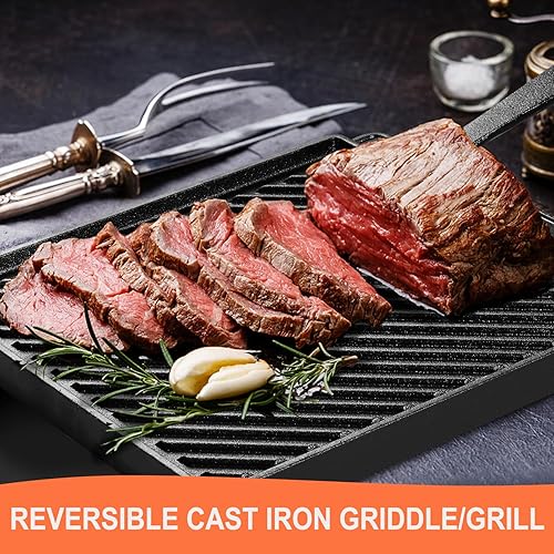 Miniatura 5 de Placa de parrilla reversible de hierro fundido,Utensilios de cocina de hierro fundido con mango extraíble,Plancha Sizzle de placa de filete de
