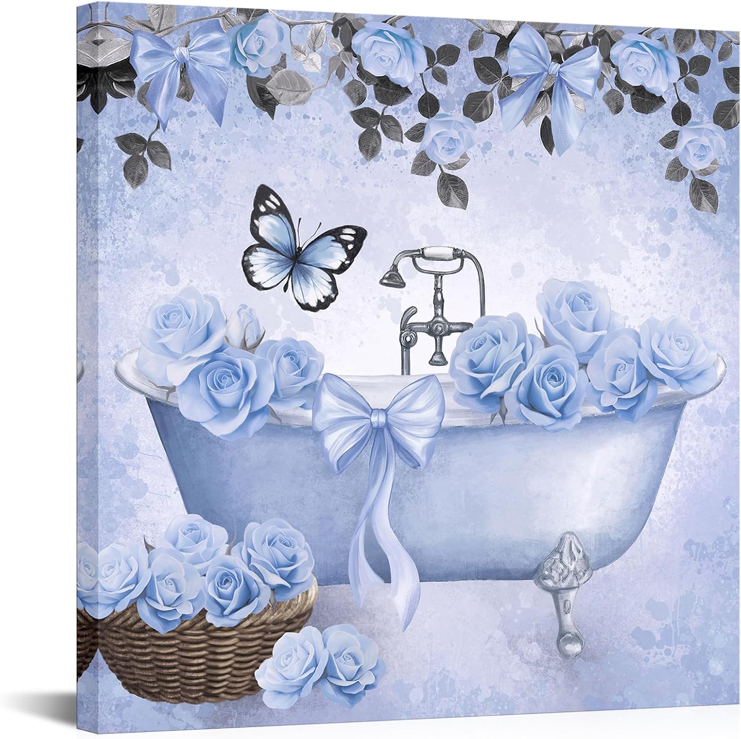 WELMECO Flower Bathroom Wall Art Cute Bows Rose Floral Painting Canvas Prints Teen Girl Bathroom Wall Decor,Framed 12x12inch (Pink)