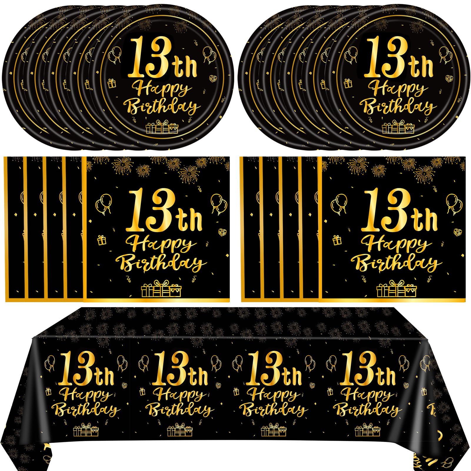 41 PCS 13th Birthday Party Decoration Black and Gold Official Teenager 13th Party Favor Plates Napkins Tablecloth Set for Teenager Boys Girls 13 Year