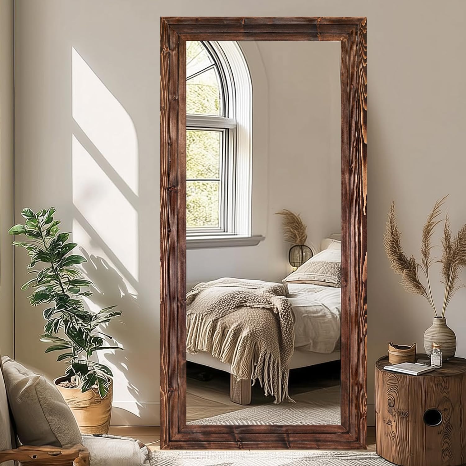 Full Length Wood Mirror 71x30 - Rustic Solid Wood Floor Mirror with Triple Layer Frame, HD Tempered Glass, Wall Mounted or Leaning Standing Mirror Vintage Brown Mirror for Bedroom Bathroom Living Room