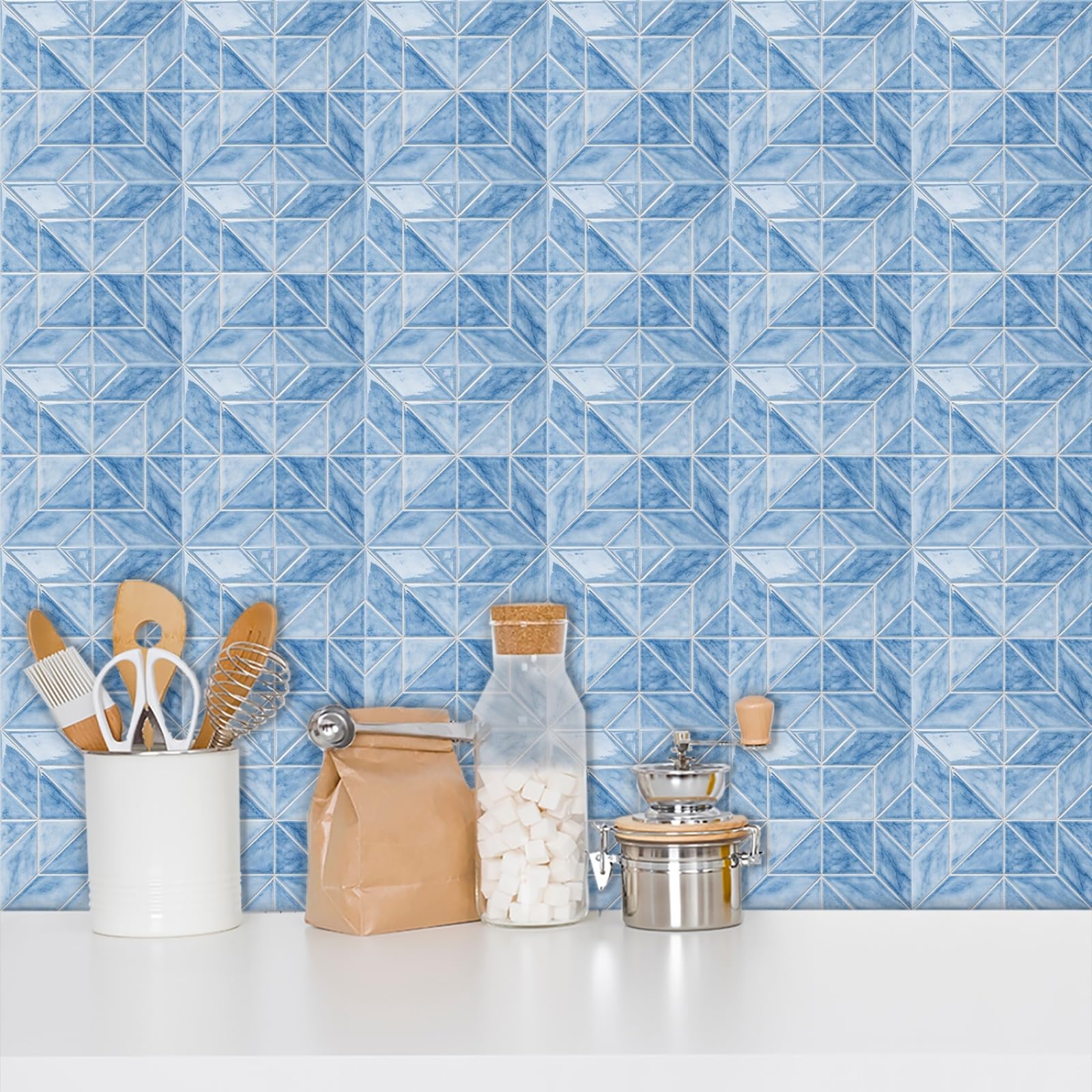 Stick on Tiles Marble Brick Blue Tile Stickers for Bathroom Kitchen Backsplash Waterproof Tile Covers for Fireplace Surround Cabinet Furniture Stick on Kitchen Tiles 20x20 cm/10 pcs