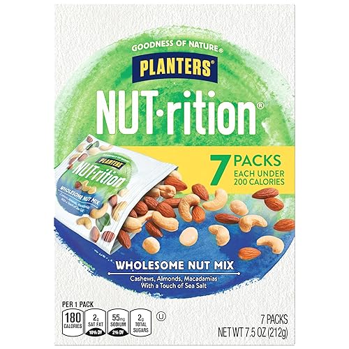 PLANTERS NUT-rition Mezcla de Nueces Integrales, Caja de 7.5 oz (Contiene 7 Bolsas Individuales) - Mezcla de Bocadillos de Anacardos, Almendras y
