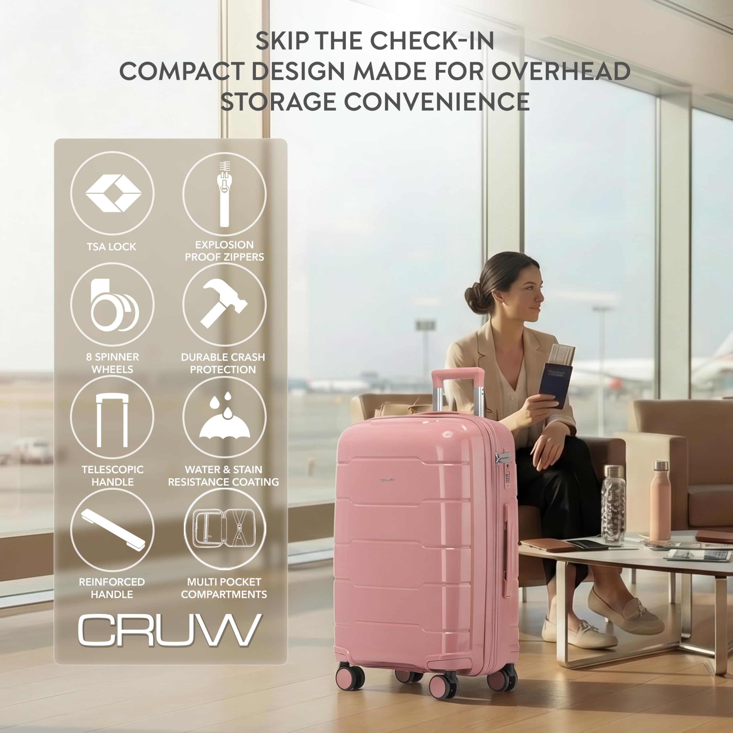 CRUW Hand Luggage, TSA Approved Lock, Silent Double Spinner Wheels Expandable Lightweight Suitcase – Bag Fits 56x45x25cm Overhead Carry On Limit for easyJet, BA, Jet2 & More – Black