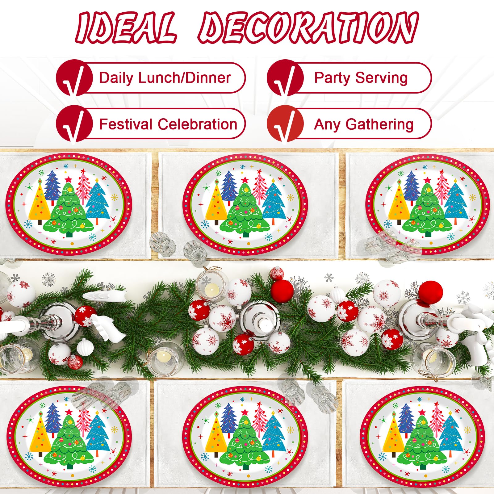 50 platos de papel ovalados coloridos para árbol de Navidad, grandes, desechables, 11icnh, con borde rojo, bandeja de platos resistente para Navidad, vacaciones, cena, fiesta de cumpleaños,