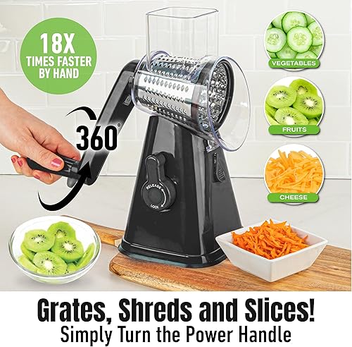 Miniatura 2 de Rallador de queso giratorio con asa, rallador de queso, manivela de mano, rallador de corte rápido para cocina con 3 cuchillas intercambiables,