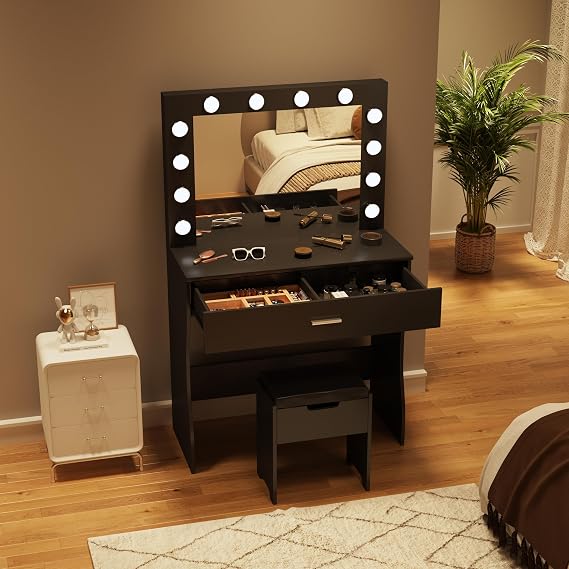 Halitaa Vanity Desk with Mirror and Lights, Adjustable Brightness, Black Vanity Table Set with Storage Drawer,Makeup Vanity Set with Cushioned Chair