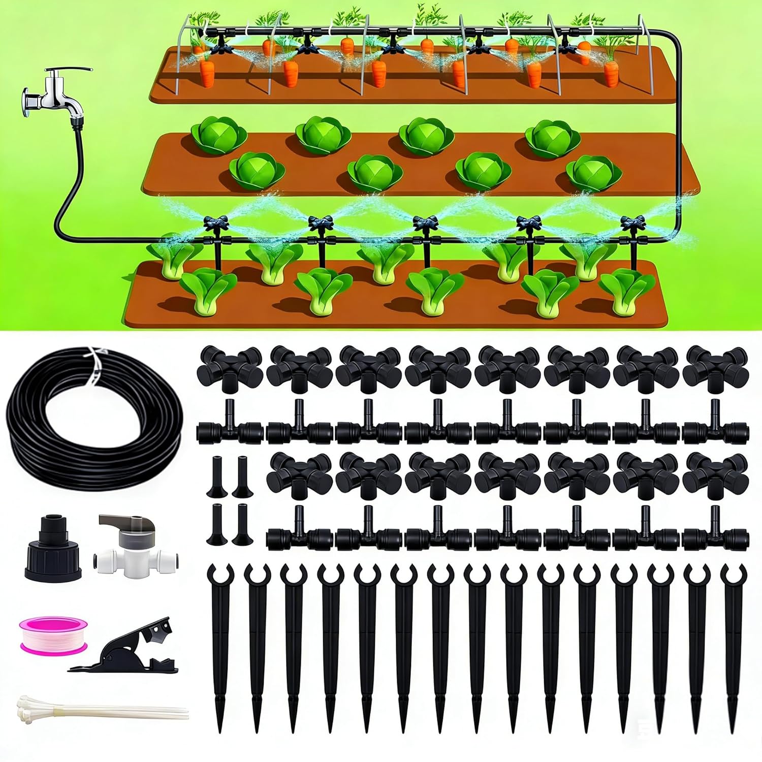 50FT Drip Irrigation System Kit Automatic Garden Watering System with 1/4" Drip Tubing & Quick Connect Fittings Adjustable Mist and Linear Columnar Modes for Greenhouse, Raised Garden Beds, Lawn, Yard
