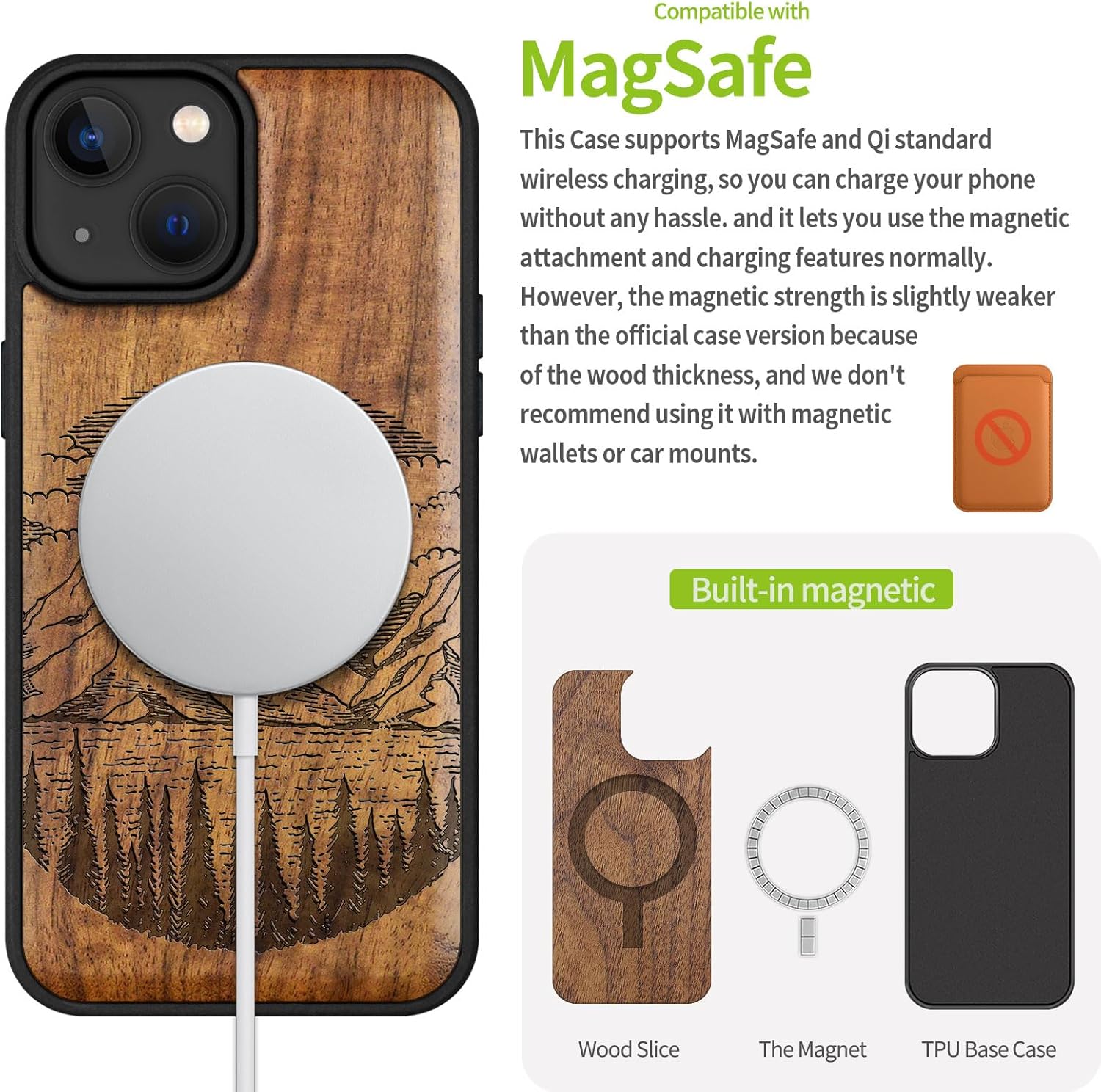 Carveit Magnetic Wooden Case for iPhone 15 Case, Compatible with MagSafe Wireless Chargers, Black Soft TPU Shockproof Cover & Wood Artisan Engraved (Alpine Lake) - Walnut