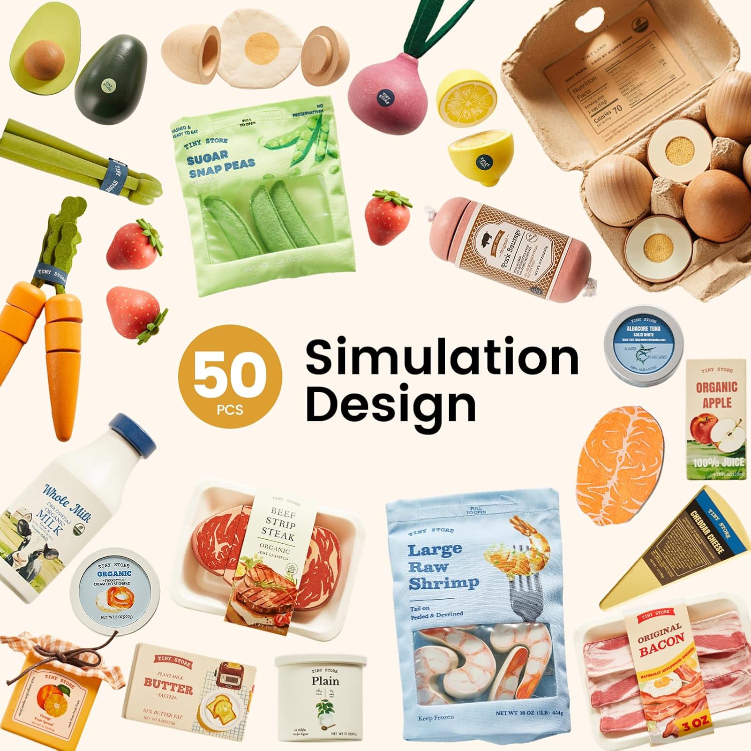 Tiny Land Wooden Play Food Set Bundle Includes 50 PCS of Fruits, Veggies, Meats, Seafood, Eggs & Dairy