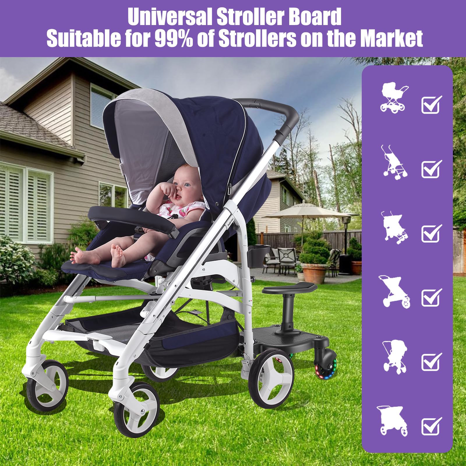 Planche Poussette avec Roues Flash, Marche Pied Universelle avec Siège pour Enfants de 2 à 6 Ans (25KG)