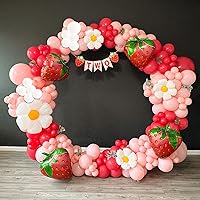 Vista 5 de Arco de decoración de fiesta de primer cumpleaños de fresa con 4 globos de aluminio de fresa más grandes y globos de margaritas para el primer
