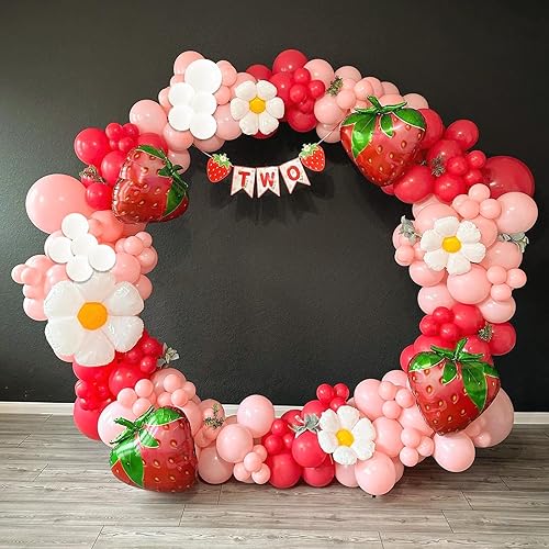 Miniatura 5 de Arco de decoración de fiesta de primer cumpleaños de fresa con 4 globos de aluminio de fresa más grandes y globos de margaritas para el primer