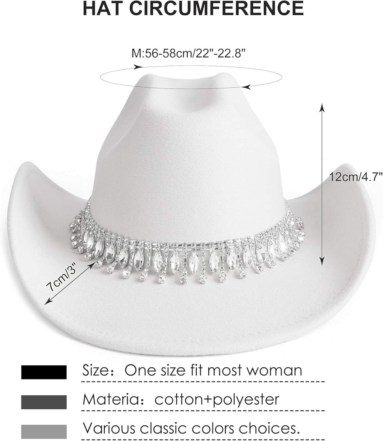 White Cowgirl Cowboy Hat Wide Brim Bling Rhinestone Party Cap - Image 3