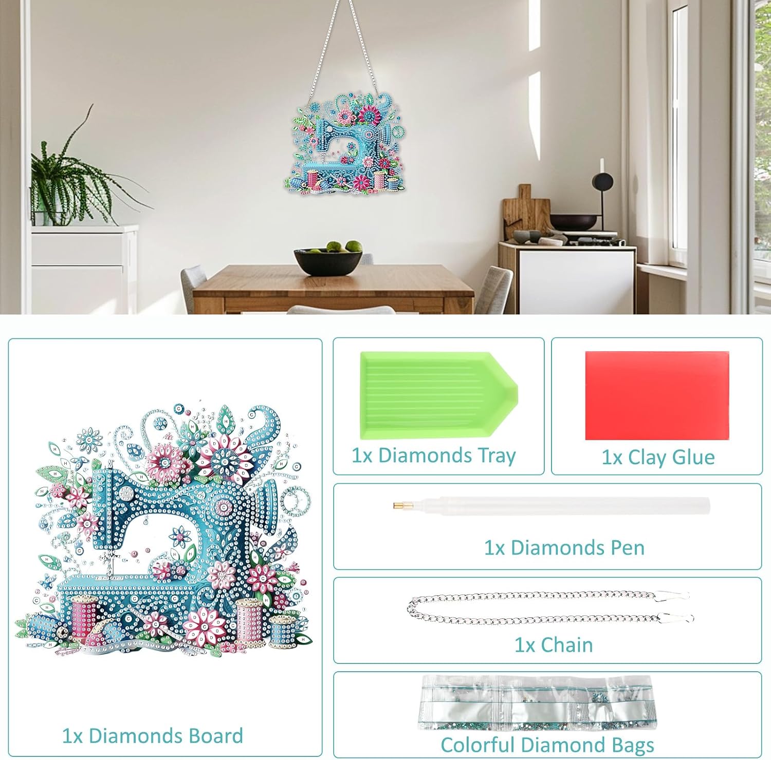 SENQAO Sewing Machine Diamond Art Hanging Kits for Adults Kids, Diamond Art Suncatchers Flower, 5D Special Shaped Crystal Diamond Painting Kit Spring, Window Pendant Gem Art Kit for Home Wall Decor