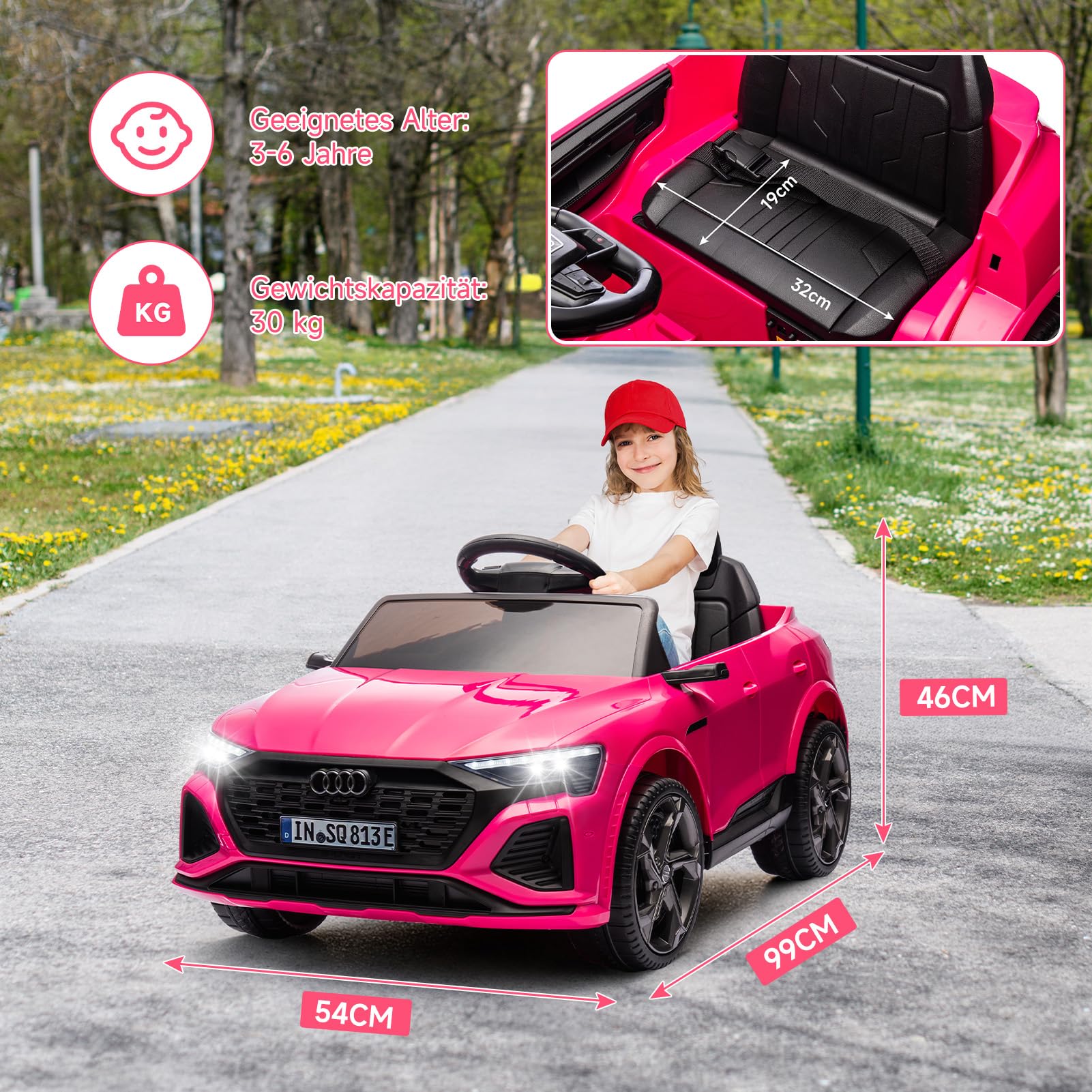 HAUSPROFI Elektro Kinderauto mit Bluetooth 12V Elektrofahrzeug SQ8 E-tron Elektroauto mit Fernbedienung 2,4GHz, Sicherheitsgurt, Musik, Kinderfahrzeug für Kinder 3-6 Jahre, 3-5 km/h, Rosa