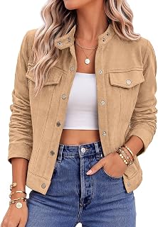 Zeagoo Faux Suede Cropped Jackets for Women Trendy Fall Shackets Coats | Going Out Suede Jacket,Button Down Collared Shacket,Trendy Streetwear,Casual Outerwear for Spring,Fall and Winter
