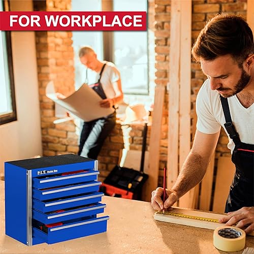 Miniatura 2 de P.I.T. - Minicaja de herramientas azul, portátil, 5 cajones con cabina de acero apilable con forro, pequeña caja de herramientas para herramientas y