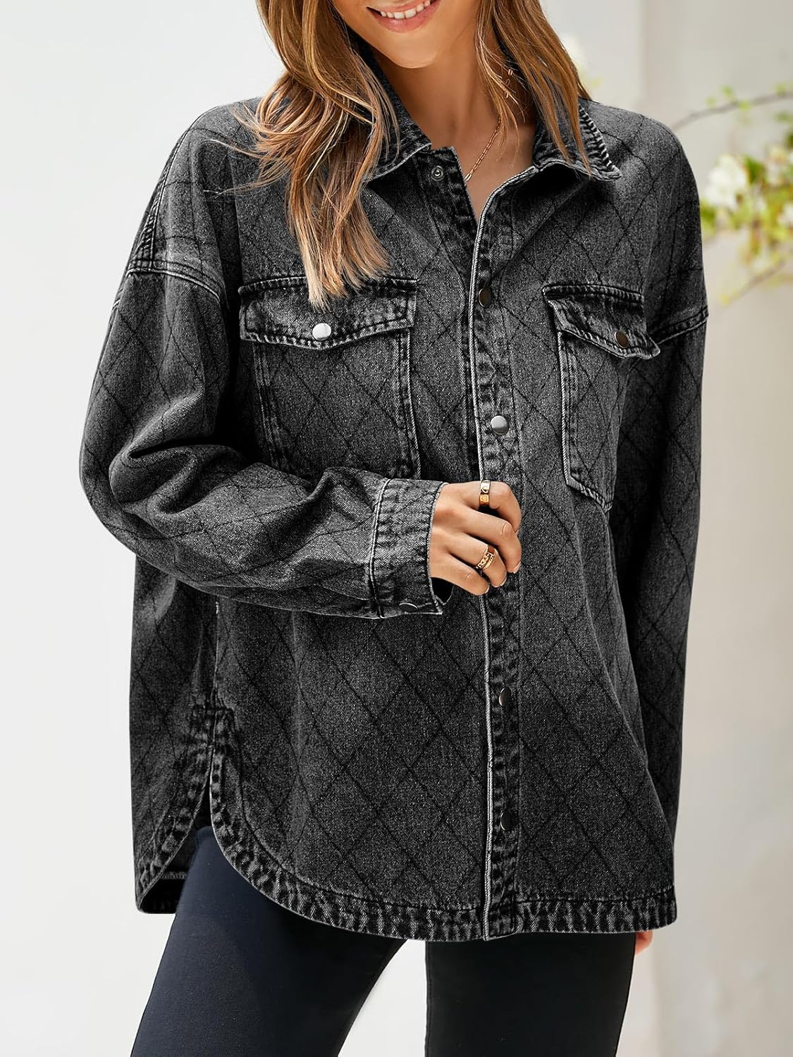 Tankaneo Womens Oversized Denim Jackets Trendy Diamond Quilted Button Down Jean Shackets Casual Lightweight Jackets - Image 6