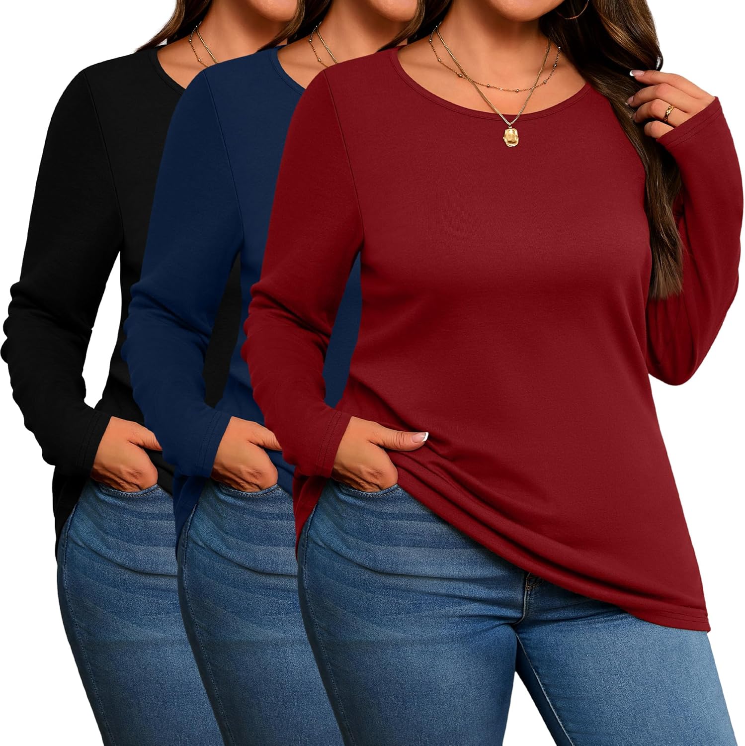 Evervibe 3 Pack Women's Plus Size Cotton Shirts, Scoop Neck Long Sleeve Casual Tops Form Fitting Knitted T-Shirts Blouses