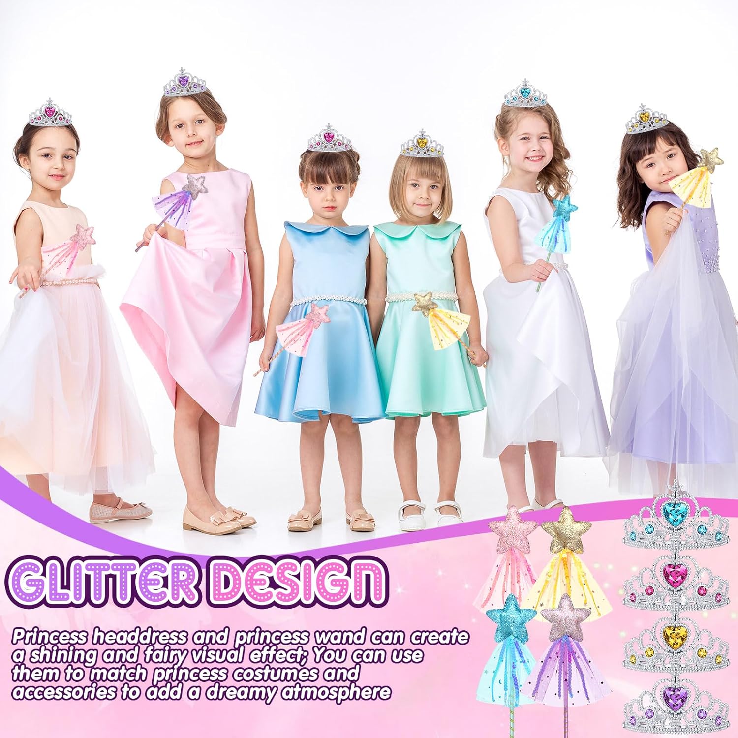 Janinka 48 Pcs Princess Party Favors 24 Tiara Crown for Little Girls 24 Glitter Star Fairy Wand Princess Crowns for Kids Birthday Party Accessories for Little one