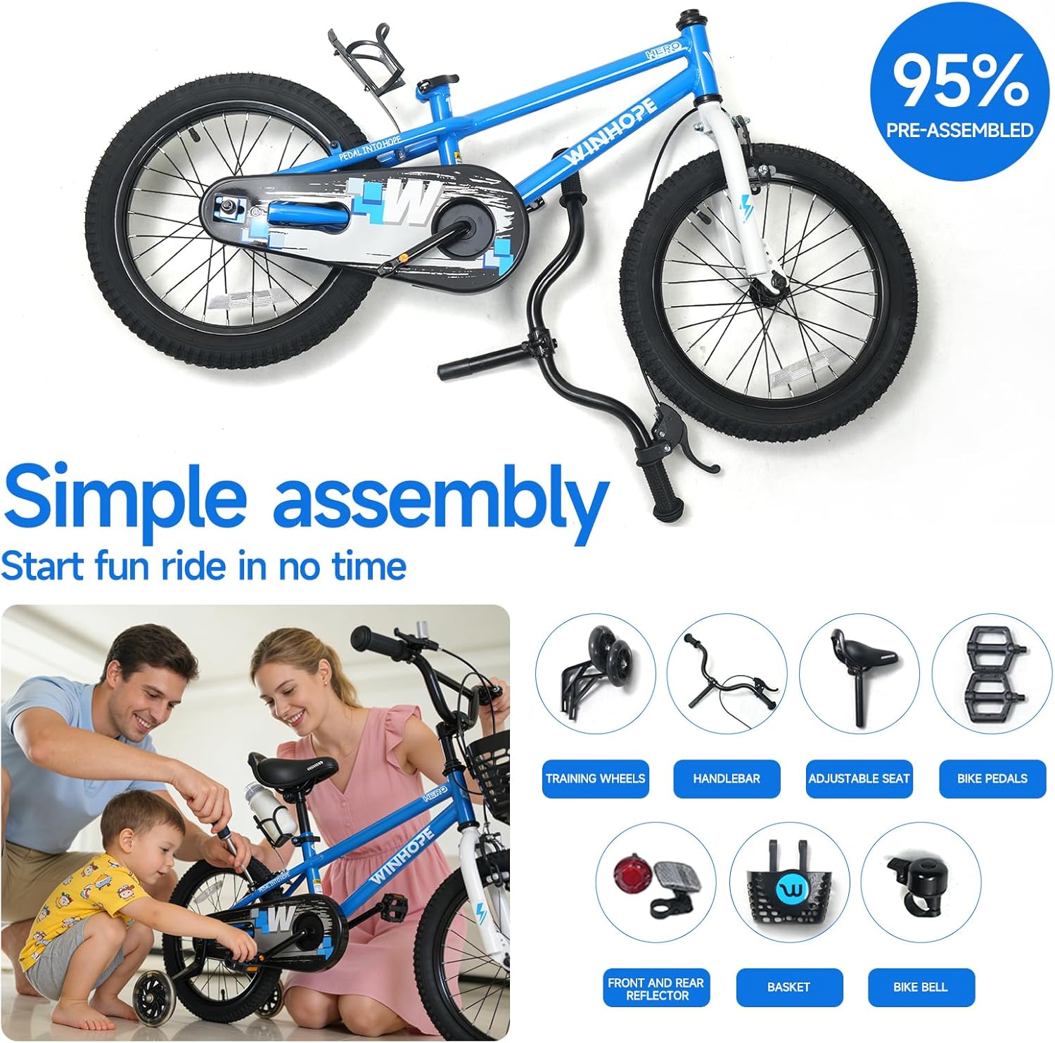 WinHope Kids Bike, 12 14 16 18 Inch Toddler Bicycle with Light Up Training Wheels and Dual Brakes, Children Bike for Beginner with Adjustable Seat and Headlebar for Boys Girls 2-9, Multiple Colors