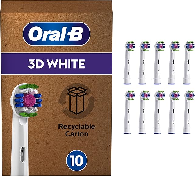 Oral-B 3D White Electric Toothbrush Head with CleanMaximiser Technology, Angled Bristles for Deeper Plaque Removal, Pack of 10, White