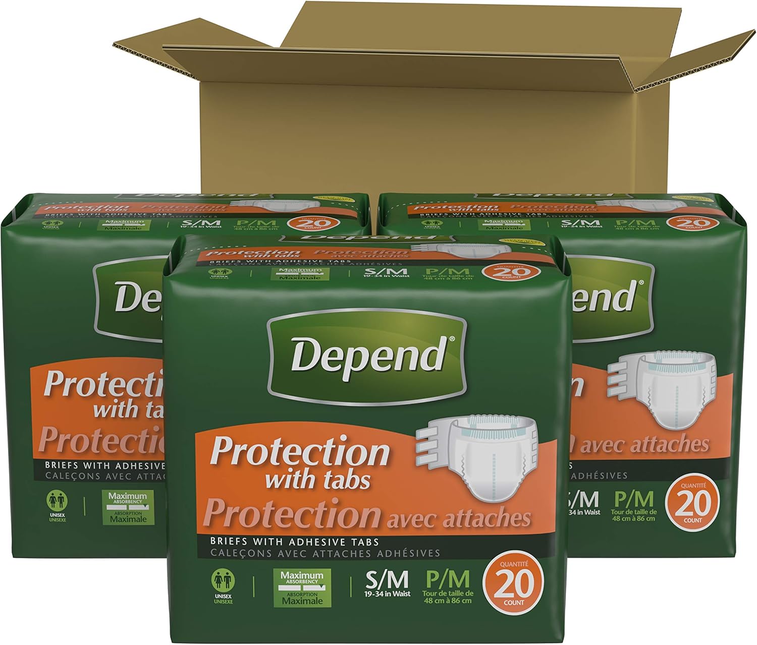 Depend Incontinence Protection with Tabs, Maximum Absorbency, S/M, 60 Count (3 Packs of 20) (Packaging May Vary) : Everything Else