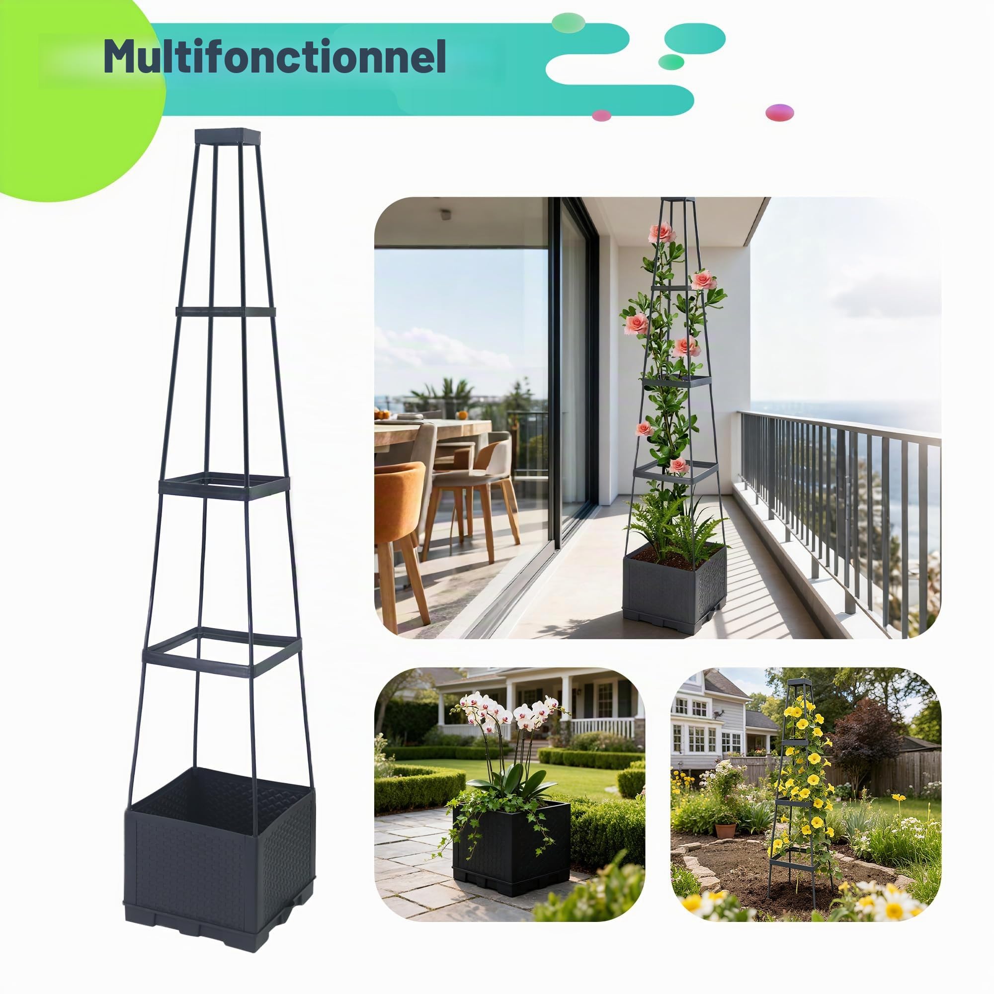 2 Pack Jardinières surélevées avec Treillis, 144cm Pot à Tomates Autoirriguant avec Support Trapézoïdal pour Plantes Grimpantes, Fleurs et Légumes, Intérieur et Extérieur