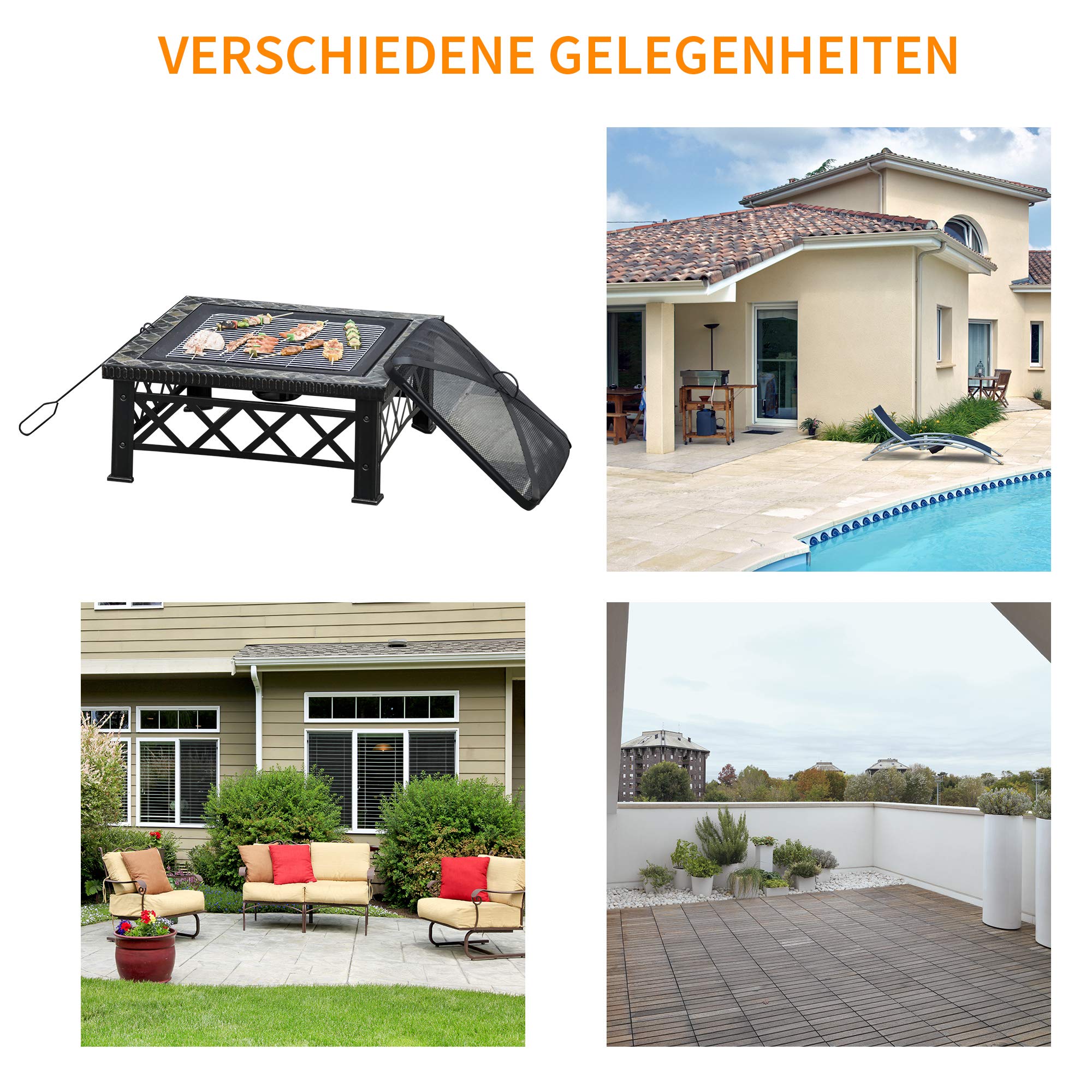 Outsunny 3-in-1 Feuerschale mit Funkenschutz Schwarz 76cm x 76cm x 47cm | Feuerkorb, Feuerstelle, Grillrost, Eiskübel, Garten BBQ