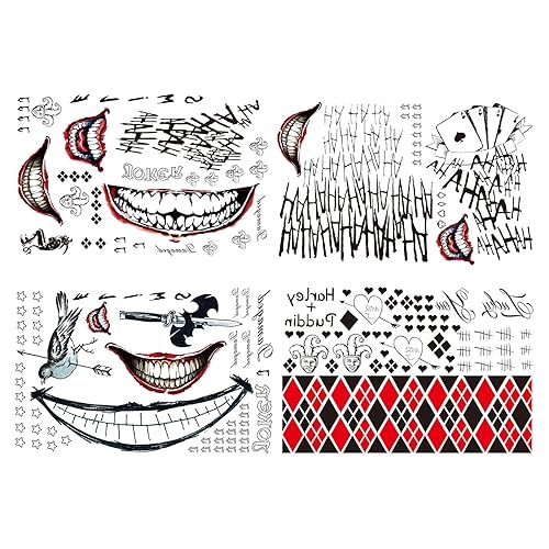 4 hojas de tatuajes de comodín para escuadrón suicida, tatuajes temporales falsos de Halloween, tatuajes faciales para Harley Quinn, para disfraces disponible en Yaxa Colombia