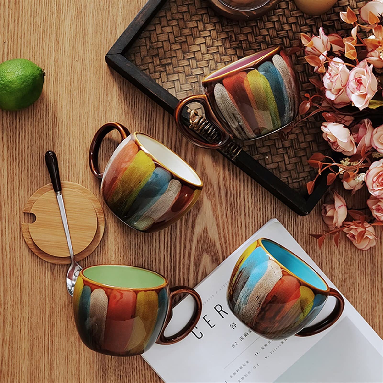 Kaffeetasse Gemalte Kaffeetasse 12 Oz Keramik Kreatives Frühstück Tee Wasser Tasse Handgemachte Milchschale mit Löffel als Geschenk Teetasse (Size : 350ml, Color : Rood)