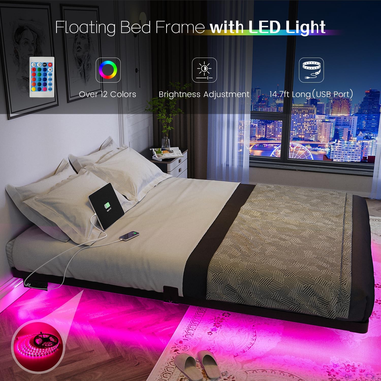 OLEVS Floating Bed Frame Queen Size with Smart LED Lights and Charging Station - Modern Metal Platform Bed, Easy Assembly No Box Spring Needed - Image 4