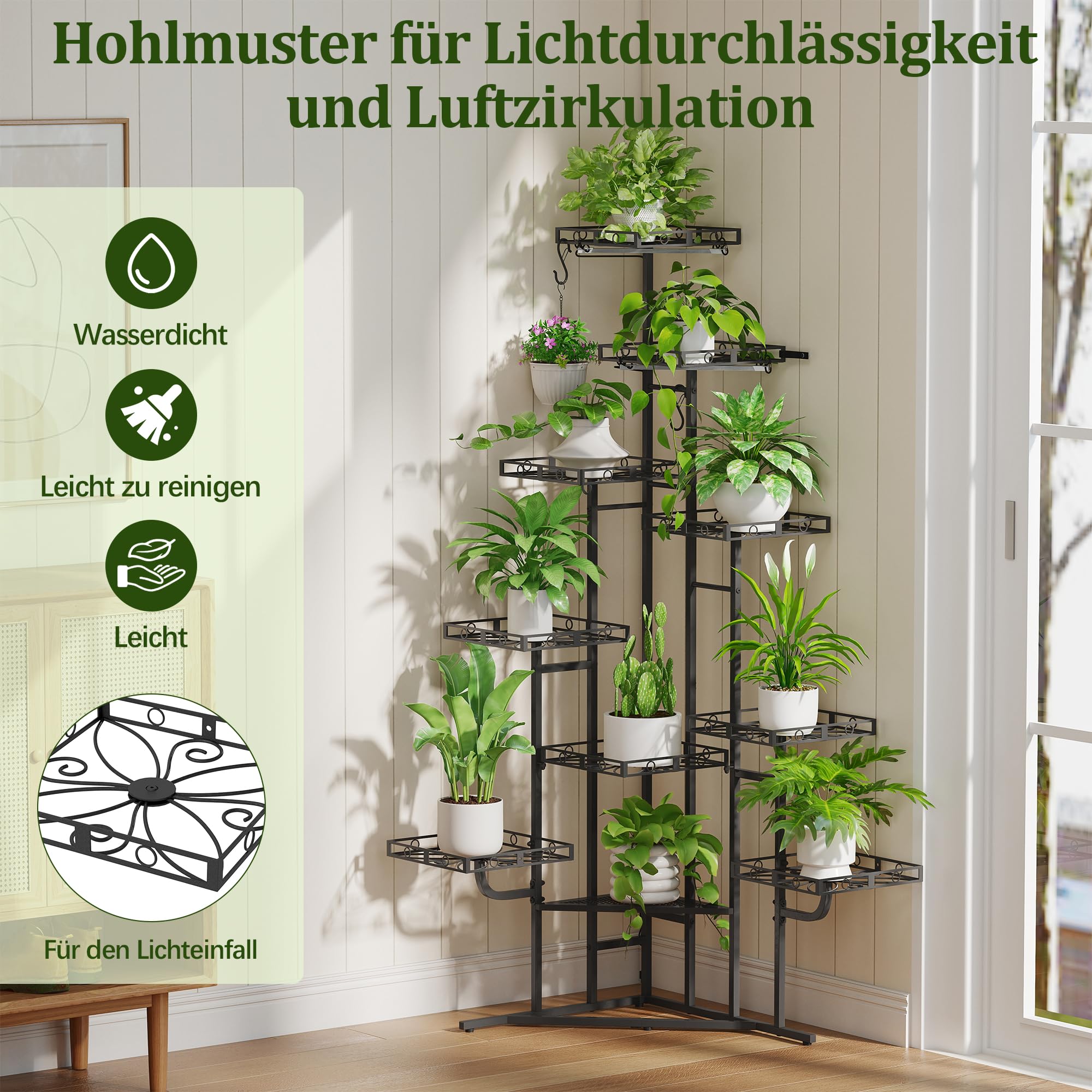 Quikraen Pflanzenständer mit Wachstumslicht, 9 Ebenen, 150cm, Schwarz | mit licht, L-förmiges Design, Rostbeständigen, Outdoor & Indoor, Für Wohnzimmer, Für Garten, Für Balkon, Einfacher Aufbau