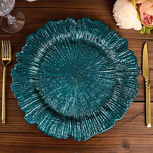 Miniatura 6 de Efavormart - Paquete de 6 platos redondos de 13 pulgadas de pavo real verde azulado de arrecife de plástico con borde con volantes para cenas para