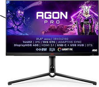 AOC AGON AG324UX - 32 Inch 4K UHD Gaming Monitor, 144Hz, 1ms GTG, IPS, FreeSync Premium, HDR400, KVM, Height Adjust (3840x2160 @144Hz, 400 cd/m² HDMI 2.1 x 2/DP 1.4/USB-C Power delivery 90W), black