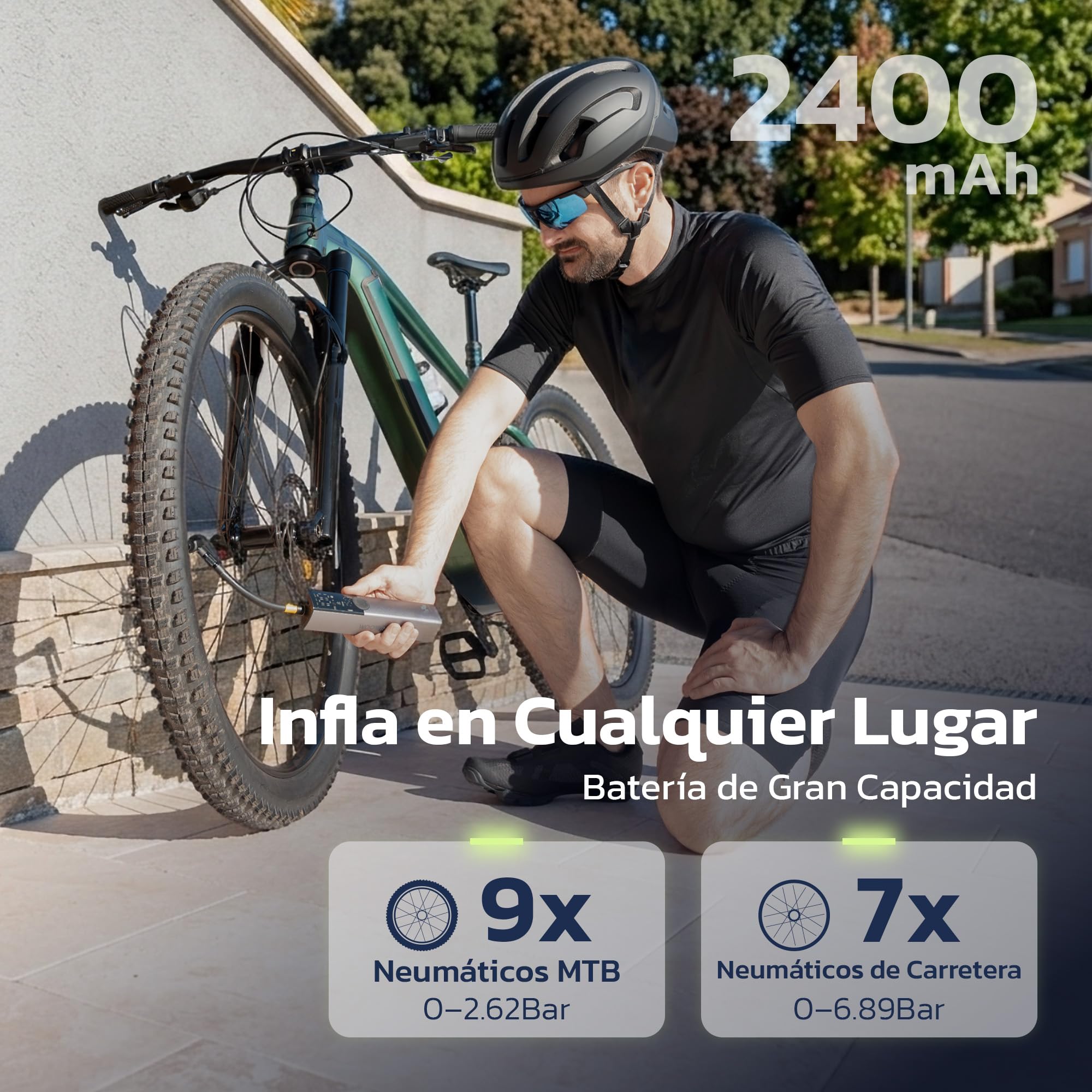Woowind Ventus Ride Bomba Bicicleta, 150PSI/10,3Bar, Inflador Electrico, Inflado en 1 Minuto, Hinchador Bicicleta, Válvulas Presta, Schrader, Dunlop para Carretera, Montaña, E-bike, Apagado Automático