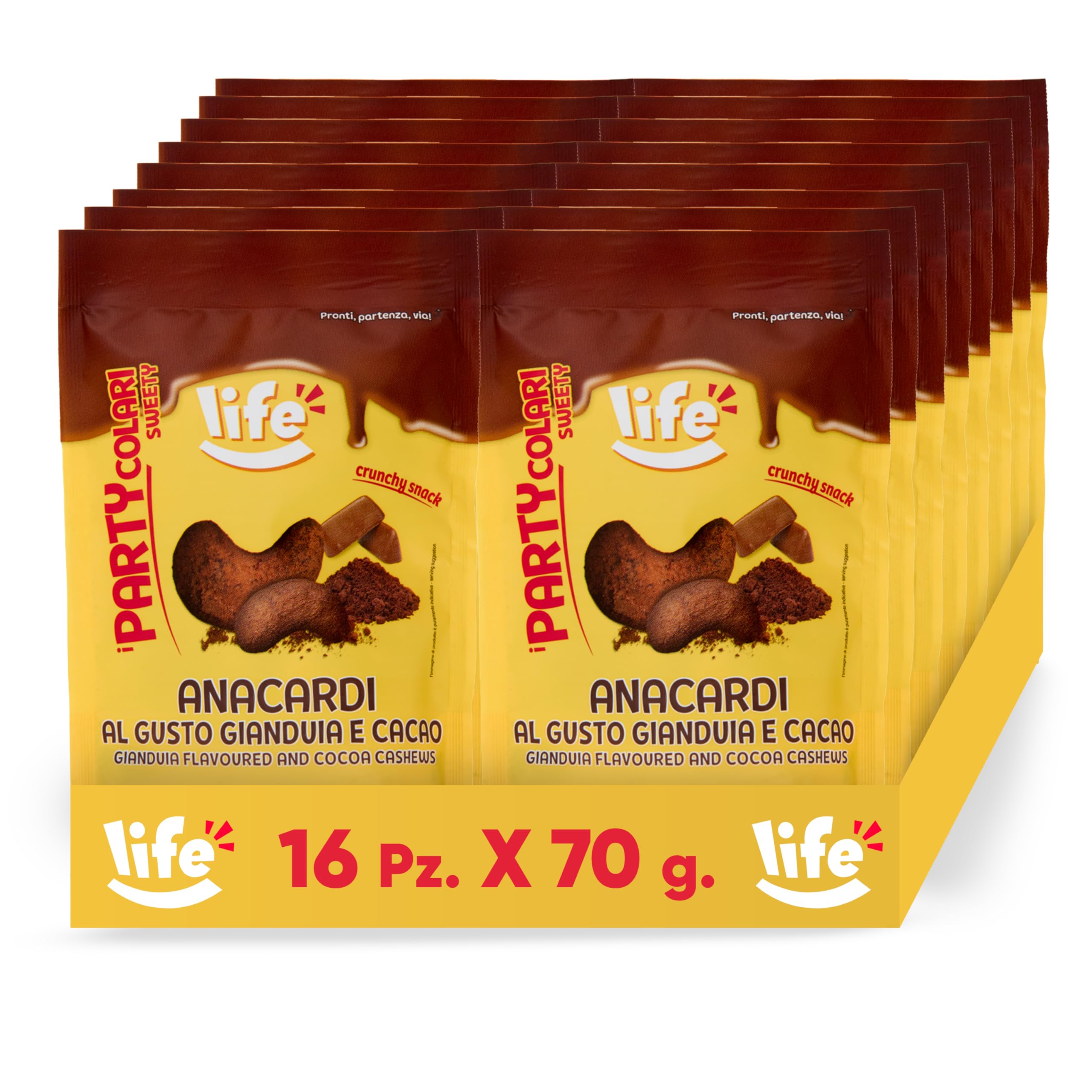 Life | PARTYCOLARI DOLCI Anacardi Gusto Gianduia e Cacao, Snack Croccante, Perfetto Come Arricchitore di Dolci, Gelati e Dessert, Non Fritto, 16x70g