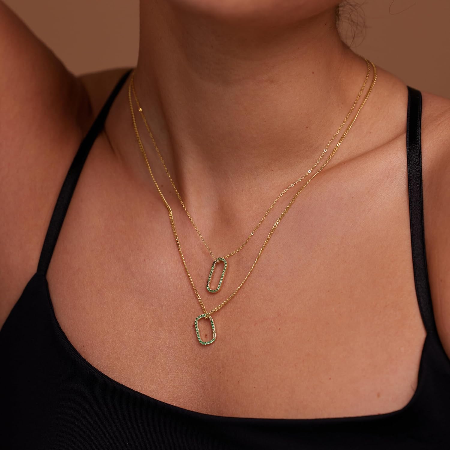 ANYGOLDS 14K REAL Solid Gold Colorful Gemstone Multiple Charm Connector, Paperclip Oval Durable Carabiner Clasp Jewelry Stack Pendant Holder Necklace