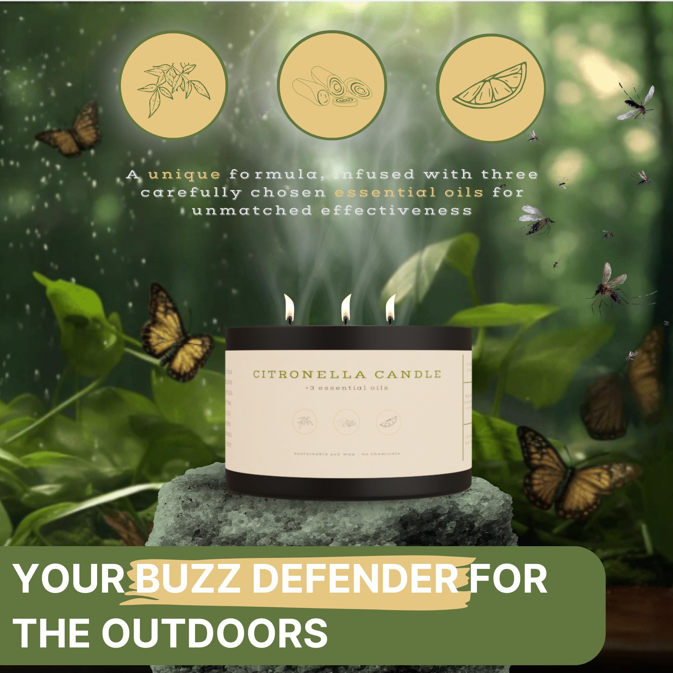 BUZZ DEFENDER Outdoor Citronella Candles | highly effective and 100% Natural | 64h burn time | 2X 14oz Large Citronella Candle Outdoor, Camp Outdoor citronella candles for patio