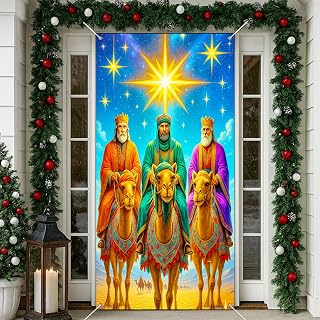 Epiphany Three Wise Men on Camels Door Cover 71x35 Inch Banner for Holiday Party Decorations Backdrop Wall Sign Photo Booth Prop for Home Indoor Outdoor Use