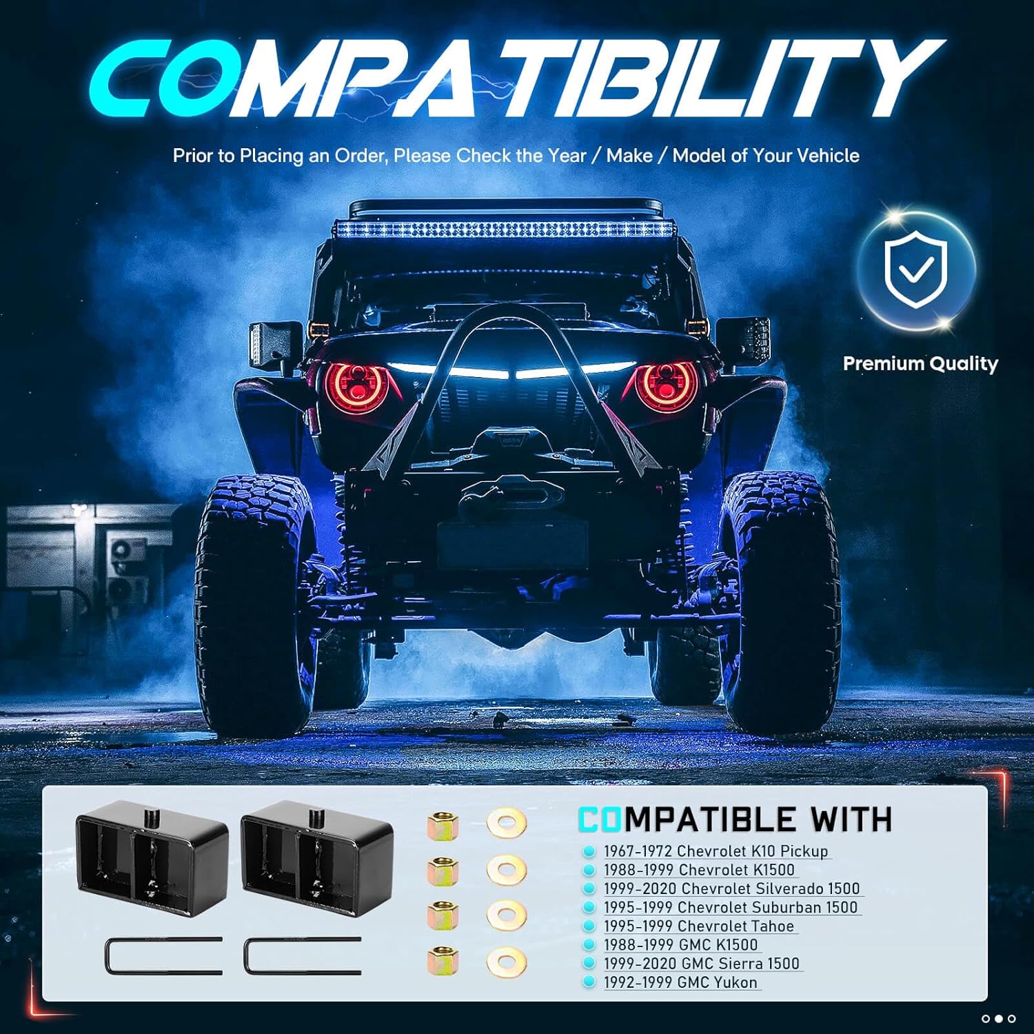 3" Rear Lift Blocks for 1988-1999 Chevy GMC K1500, 1999-2020 Chevy Silverado 1500 GMC Sierra 1500, Rear Lift Kit w/ 4pc Extended Square Leaf Spring U-bolts for 1995-1999 Tahoe Suburban 1500, Set of 2