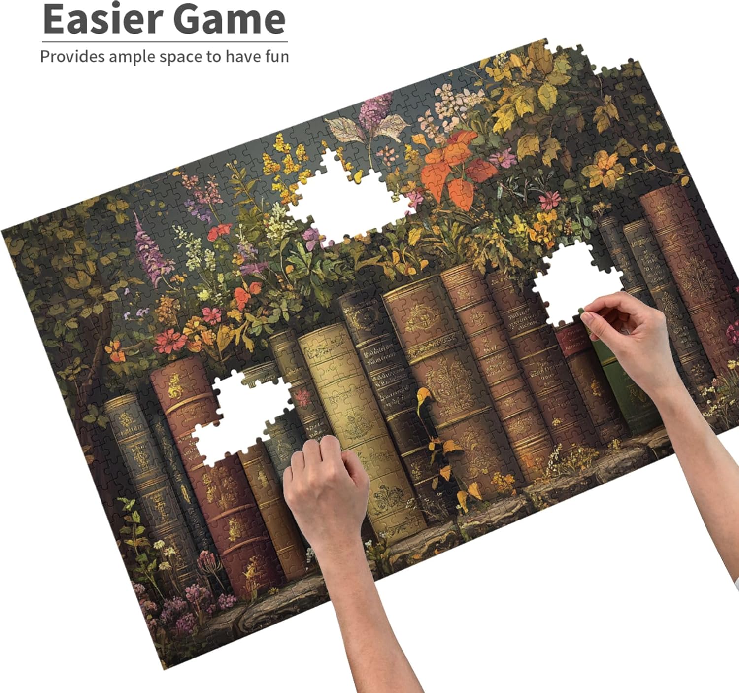Vintage Books & Flowers, Wooden Puzzles Jigsaw, Puzzles for Adults 1000 Pieces, Vintage styless Adult Artwork, Creative Activity Hobbies for Adults, Adult Stress Relief Party Puzzle Game