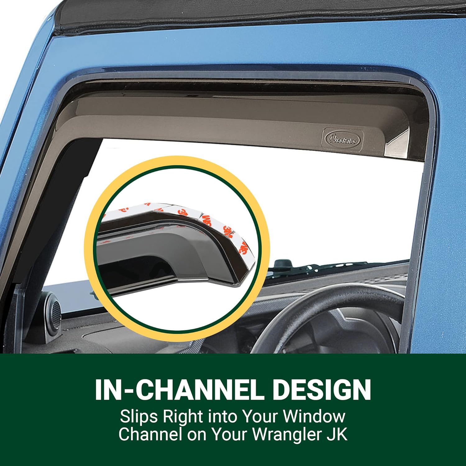 Quadratec Premium in-Channel Window Visors, 4 Piece, Tinted - Fits Jeep Wrangler JK 2-Door 2007-2018 - Side Window Wind Deflector - Window Vent Visors Rain Guards - Vent Shades for Jeep Wrangler