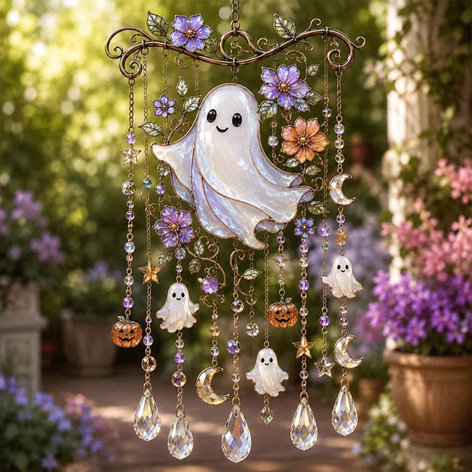 Halloween-Themed Crystal Wind Chime, Halloween Glass Suncatcher Wind Chime