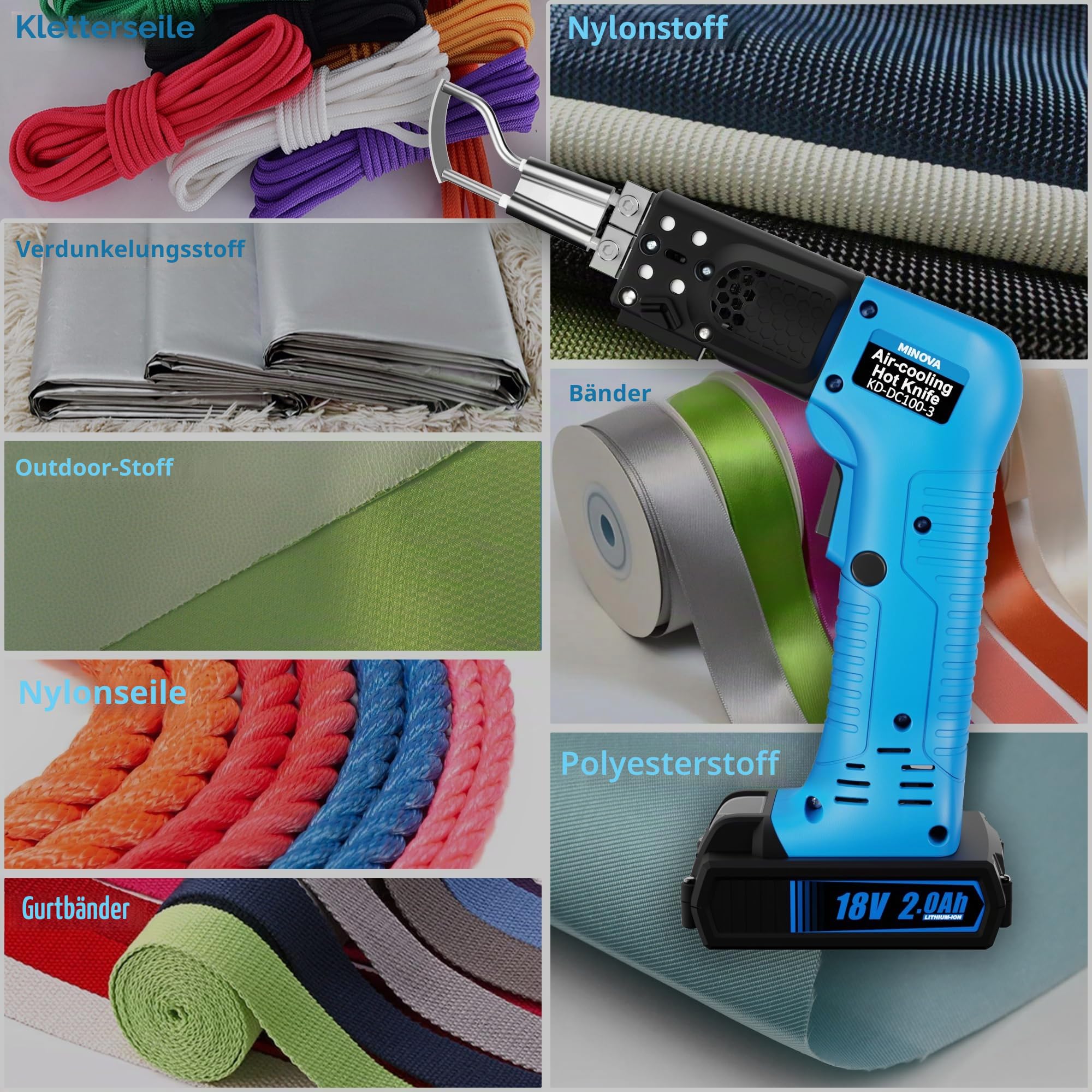 MINOVA Akku-Styrocutter KD-DC-100-3 Luftkühler kabelloser Seilschneider Pro Elektrischer Heißmesser Stoffschneider Seilschneidwerkzeug-Set (2.0Ah 18V)
