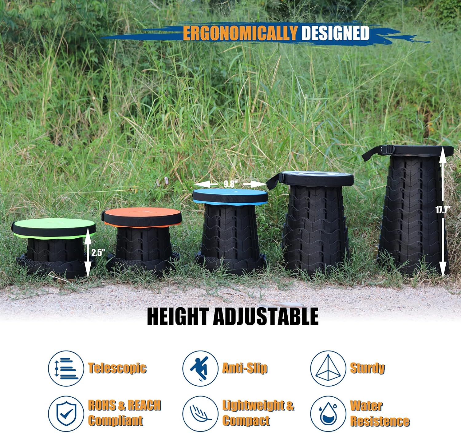 Adjustable Telescopic Folding Stool, Allynx Upgraded Portable Retractable Telescoping Collapsible Seat Lightweight and Sturdy, Suitable for Adults Camping Fishing Hiking Travel Outdoor,2 Pack Black : Sports & Outdoors