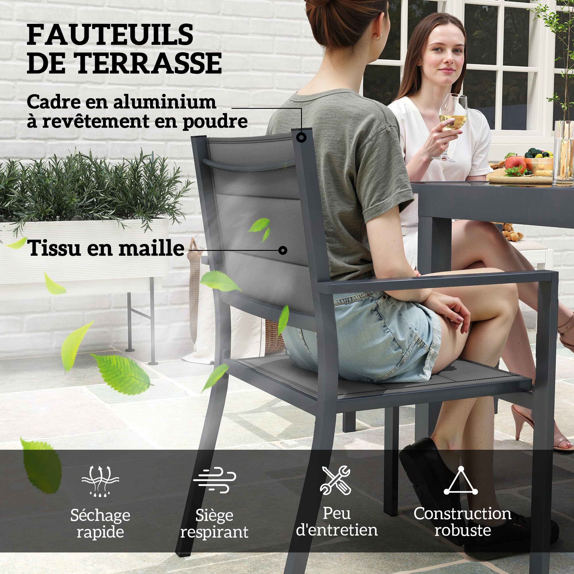Outsunny Salon de Jardin extérieur en Aluminium et textilène Table Extensible 4 chaises empilables - 4 Personnes - dim. Table 80/160L x 80l x 75H cm Gris