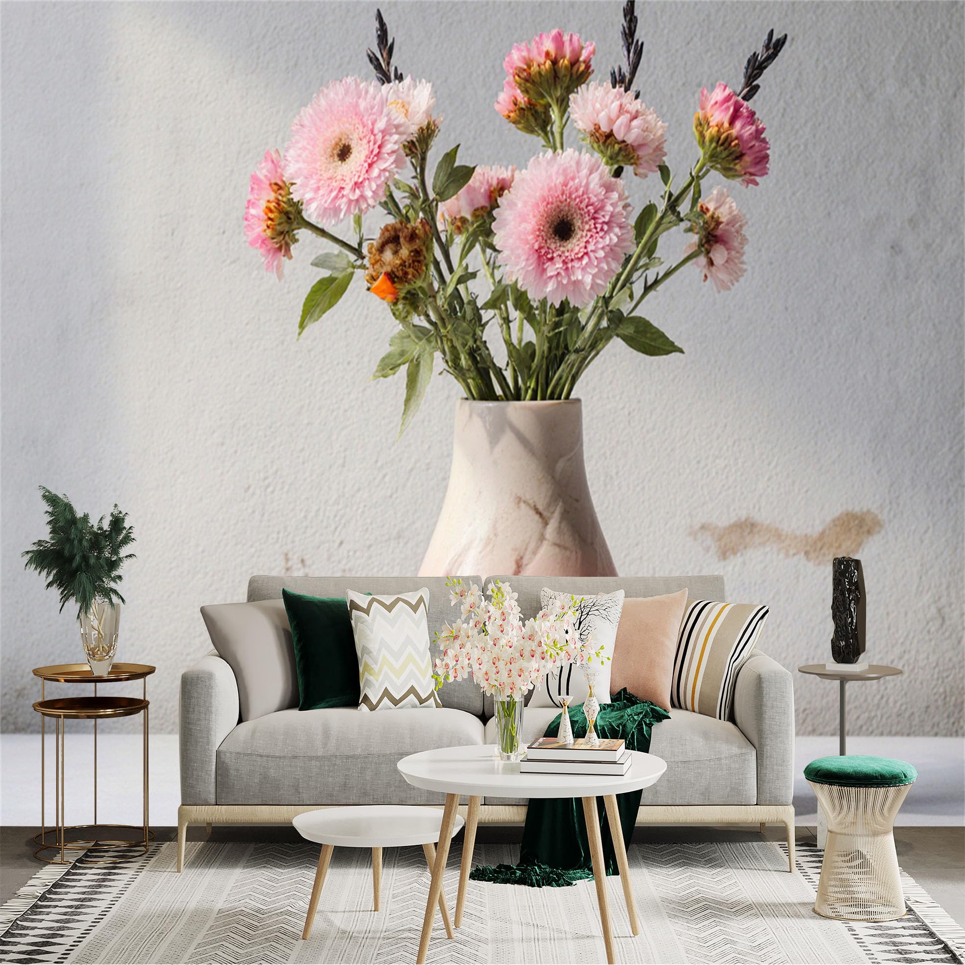Custom Size Wall Sticker Mural， Pink Gerbera Flowers in Gradient Vase， Botanical Home Decor， Elegant Floral Arrangement， for wall Decoration， peelandstick wall Decals.